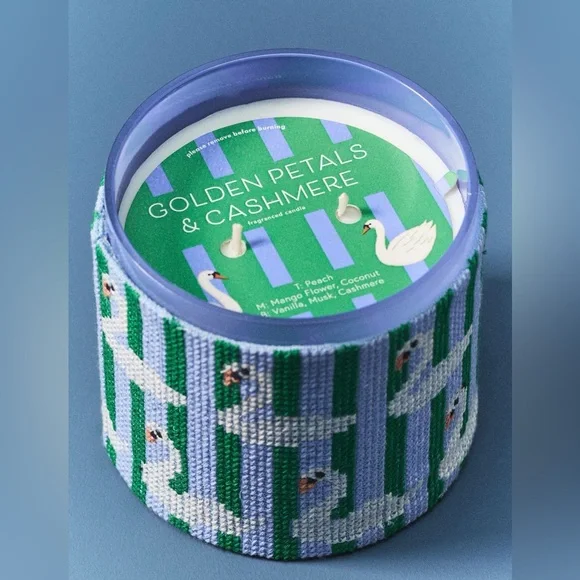 Anthropologie Needlepoint Wrapped Floral Golden Petals & Cashmere Candle, NWT - Picture 2 of 3